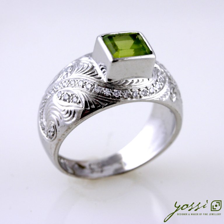 Engraved Peridot Stone Ring