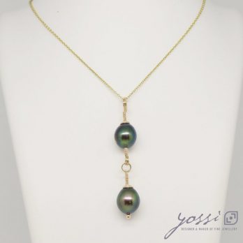 Unique Double Drop Black Dyed Freshwater Pearl & Rose Gold Pendant