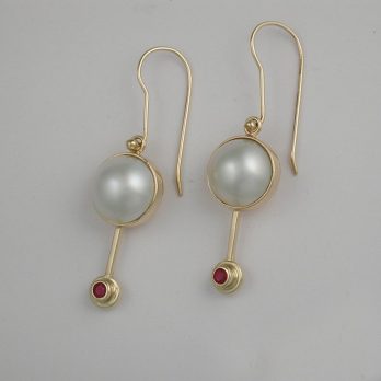 Graceful Pearl & Ruby Long Hook Earrings